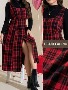 SHEIN LUNE 加大码春季女式红色格子纽扣前襟方领无袖优雅中长连衣裙，腰部系带，适合情人节穿着 - 彩色 - 查看 9