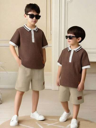 SHEIN 2pcs Young Boys Khaki Textured Contrast Ribbed Collar Shorts Set, Casual Collegiate Style, Comfortable & Fashionable, Versatile For Daily Wear, Travel, Outdoor, Holidays, Beach Vacation, Spring/Summer