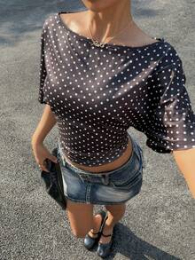 Muchica 黑色底白色波点女士修身短袖T恤 - 黑色 - 查看 4