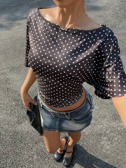 Muchica Holiday Outfits  Polka Dot Women's Fitted Short Sleeve T-Shirt