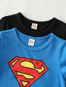 SUPERMAN X Cozy Pixies 4 قطع طقم ملابس علوية كم قصير رقبة طاقم وشورت خصر مطاطي بنمط طفل ولد ناعم المنسوج - الأحمر - مشاهدة 4