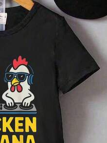 SHEIN Explorewe 男童休闲舒适时尚百搭创意趣味复活节彩蛋卡通兔子戴帽子戴太阳镜酷炫图案基础款短袖T恤，适合男童户外运动穿着 - 黑色 - 查看 6