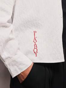 PLAYBOY X SUMWON 宽松版型翻领纽扣衬衫，饰有红色樱桃印花细节，长袖休闲夏季春季度假装 - 白色 - 查看 7