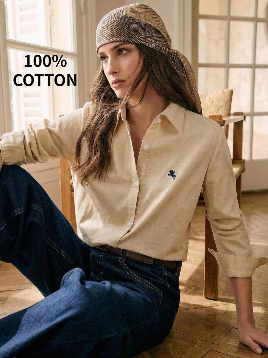 BizChic Áo sơ mi kaki mới mùa xuân/hè, cổ ve áo cài khuy phía trước, họa tiết thêu hình ngựa nhỏ phối màu tương phản, áo sơ mi nữ casual đa năng dễ phối đồ, phù hợp để mặc nhiều lớp, thích hợp cho nhiều dịp như năm 2000, công sở, đi làm, kinh doanh, các sự kiện xã hội. - Màu be - Xem 1