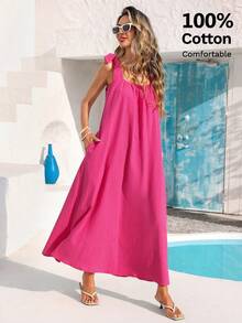 Vivid Eden 女士纯色褶皱休闲中长连衣裙，适合约会和外出，100%纯棉面料，适合度假、休闲穿搭、沙滩装、女士沙滩装、狂欢节服装、女士狂欢节服装、女士情人节服装、夏季度假服装、适合春夏假期、女士休闲装、女士休闲夏季连衣裙、女士度假连衣裙、女士夏季长裙、女士休闲夏季连衣裙、女士休闲长裙 - 玫紅色 - 查看 4