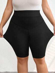 SHEIN CURVE+ 大码女式高弹针织塑身打底裤，瑜伽短裤/2026/新年 - 黑色 - 查看 5