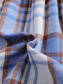 SHEIN Bộ váy và mũ màu xanh dương phối họa tiết kẻ caro, viền bèo nhún và nơ trang trí cho bé gái. - Màu xanh lam - Xem 8