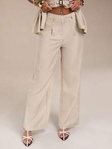 Normani 新款优雅休闲通勤杏色竹纤维针织V领开衫，配腰带和高腰直筒阔腿裤套装 - 杏色 - 查看 6