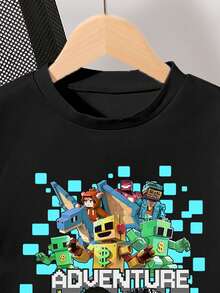 SHEIN Streecool Kids 男童积木图案印花圆领短袖T恤，适合节日、派对等场合，轻盈舒适，春夏皆宜，时尚休闲，适合户外、野餐、上学、度假等场合，也是一份贴心的礼物。 - 黑色 - 查看 6