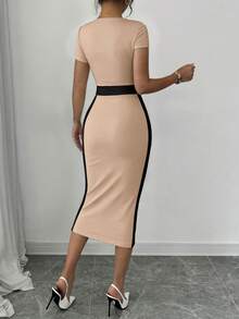 Elenzga Color Block Fitted Square Neck Women's Short Sleeve Dress - Khaki - View 2