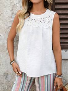 EMERY ROSE 女士圆领镂空褶皱时尚百搭休闲衬衫 - 白色 - 查看 6