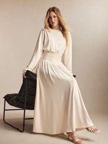 BizChic New Apricot Boat Neck Ruched Waist Pleated Flare Hem Dress, Elegant Urban Commuter Style For Spring/Summer - Khaki - View 2