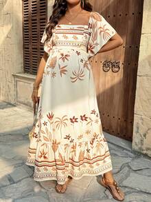 SHEIN Maternity Square Neck Ruffle Hem Vintage Fashion Summer Dress Boho Women Vacation Mediterranean Style Mexican Italian Clothes - Multicolor - View 5