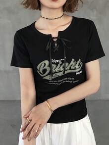 FRIFUL Women's Round Neck Partially Zip-Up Front Letter Print Decor Crossed Tie Collar Fitted Short Sleeve T-Shirt, Summer Graphic Tees Women - Black - View 6