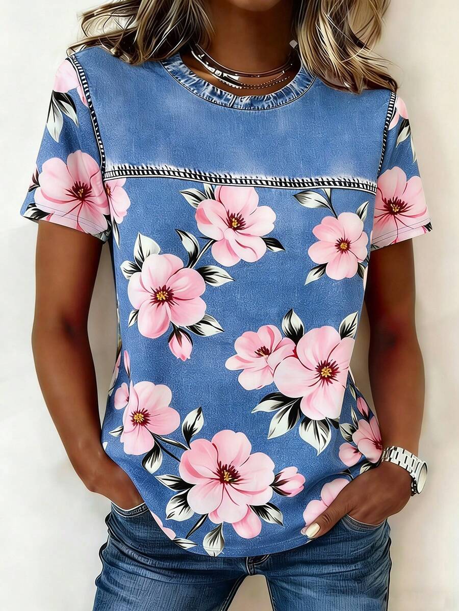 EMERY ROSE Camiseta de manga corta con cuello redondo y estampado floral casual, de verano - Multicolor - Ver 1