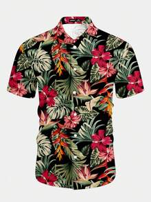 VIVINTIMO Camisa masculina de manga curta com gola, estampa floral tropical retrô, corte ajustado e estilo casual e elegante. Ideal para férias de verão, encontros, eventos ao ar livre e outras ocasiões. Ótima opção de presente para namorado e para as festas de fim de ano. - Multicolorido - Ver 3