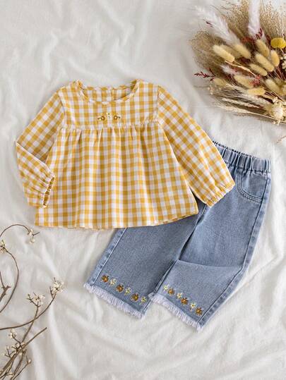 Vintaside Kids Baby Girl Plaid Round Neck Floral Embroidered Long Sleeve Top And Frayed Denim Pants Casual Outfit, Suitable For Daily Wear And Vacation