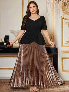 Gownix Curvy Plus Size Women's Elegant Black Summer Satin Dress,Shiny Pleats Stitching Dinner Formal Party Ball Gown,Waist Graduation Prom Dresses - Multicolor - View 12