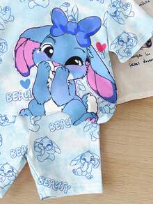 SHEIN Bộ đồ 2 món cho bé gái, kiểu dáng thường ngày, in hình thỏ Stitch hoạt hình dễ thương, áo thun cổ tròn tay ngắn màu xanh nhuộm tie-dye và quần short bó sát, thích hợp mặc hàng ngày vào mùa xuân/hè, phong cách đường phố, ở nhà hoặc đi nghỉ mát. - Nhiều màu - Xem 7