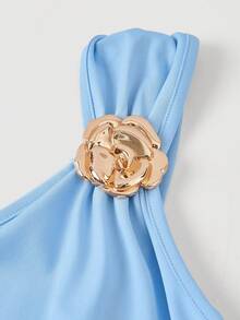 SHEIN X Hannahelzahed SHEIN MOD Solid Color Fitted Elegant Summer Dress With Brooch Decor, Asymmetric Neck And Ruched Fishtail Hem - Blue - View 3