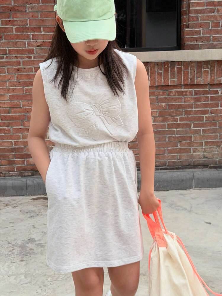 2pcs/Set Tween Girls Summer New Round Neck Knitted Bowknot Graphic Print Sleeveless T-Shirt And Skirt Outfit