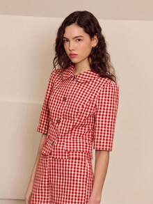 lacRébo 绿色格纹短袖纽扣外套，圆领设计，可爱复古风 - 紅白色 - 查看 5