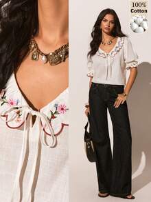 Poéselle Áo sơ mi cotton tay ngắn thêu hoa dành cho nữ, kiểu dáng thường ngày, dễ thương, thích hợp mặc đi chơi, thanh lịch, đi nghỉ mát, đi biển, mùa hè, phù hợp cho mặc hàng ngày, công sở và đi nghỉ mát, mùa xuân/hè. - trắng - Xem 2