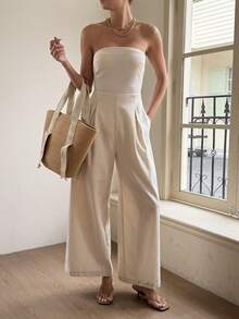 DAZY 女士宽松腰部褶皱连体裤 - 杏色 - 查看 5