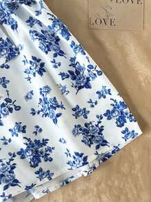 SHEIN 少女休闲度假碎花无袖连体裤，配腰带，四季皆宜 - 藍色 - 查看 5