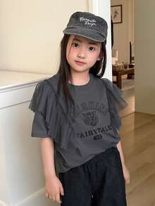 DAZY Young Girls Round Neck Ruffle Mesh Casual Short Sleeve English Letter Print T-Shirt - Grey - View 6