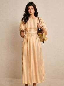 Poéselle Women's Orange And White Striped Puff-Sleeve Maxi Dress,Backless Tie-Bow Waist Elegant Summer Vacation Holiday Beach Sundress,Flowy A-Line Boho Outfit - Pale Yellow - View 7