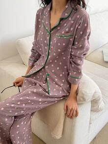 DAZY 两件套可爱草莓图案宽松开衫长袖睡衣套装，含长裤，春秋季女装 - 紫色 - 查看 9
