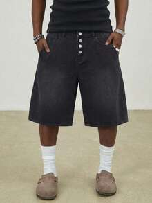 ROMWE MEN Street Life Men's Casual Washed Curved Denim Shorts - Black - View 2