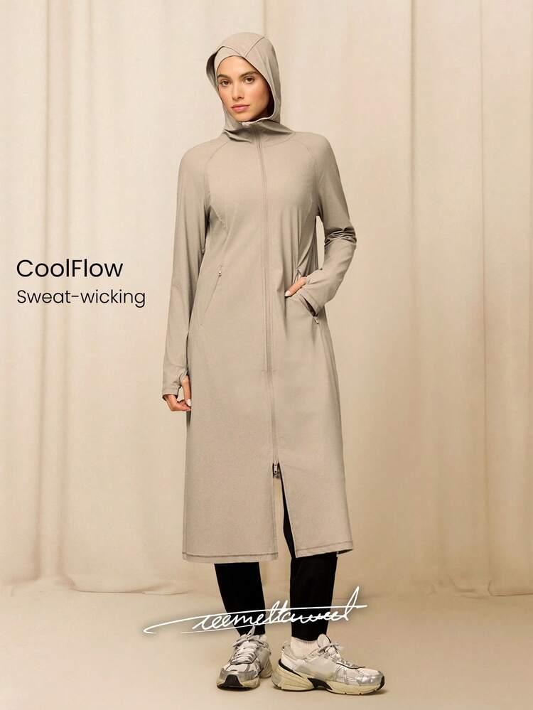 X Reem Veste à capuche de protection solaire ajustée, à fermeture éclair bidirectionnelle, col montant, avec fente avant, séchage rapide et effet rafraîchissant, pour un port casual quotidien