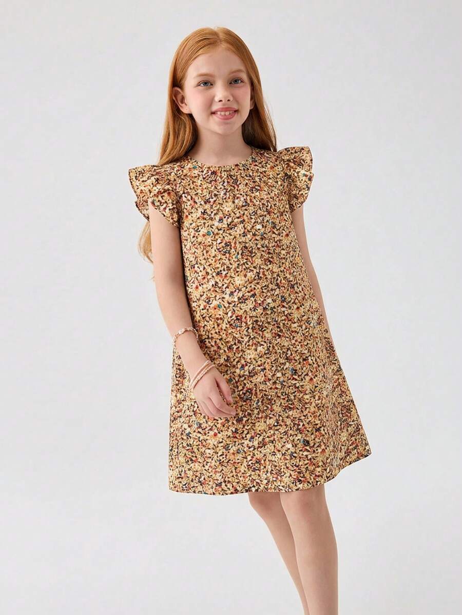 SHEIN Tween Girls' Elegant Yellow Summer Cute Tea Party Dress,Floral Print Round Neck A-Line Ruffle Cap Sleeve Casual Straight Dresses For Teen Girls - Khaki - View 1