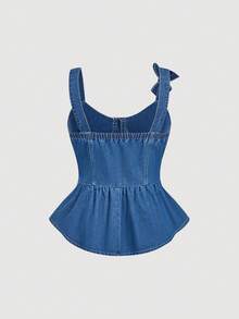 GlowEve CURVE 大码女式牛仔无袖上衣，带蝴蝶结和荷叶边下摆 - 藍色 - 查看 2