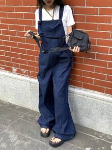 DAZY 女士宽松休闲时尚街头风系带吊带裤，收腰设计，宽松版型，直筒牛仔背带裤/连体裤，春夏款 - 深色水洗藍 - 查看 8