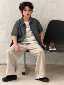 DAZY 男童条纹短袖单排扣休闲衬衫（夏季款） - 灰色 - 查看 3