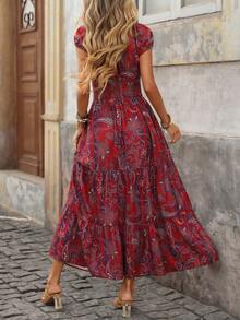 Brillora Women's Burgundy V-Neck Pleated Waist Cinched Boho Maxi Dress,Summer Holiday Vacation Bohemian Floral Wedding Guest Outfit,Elegant Short Sleeve Dress - Red - View 4