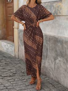 Brillora Đầm midi ngắn tay, cổ tròn, thắt nút, họa tiết in toàn thân, dành cho nữ, phong cách thường ngày. - màu nâu - Xem 4