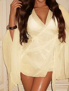 Swim SXY 女士亮片面料深V领长袖和服罩衫，春夏款 - 杏色 - 查看 5