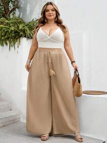 SHEIN CURVE+ Curve 尺码 US22 音乐节、海滨度假、波西米亚风女士纯色宽松长裤，休闲舒适 - 杏色 - 查看 8