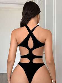 Alluring Nightfall! ChaseTheNight Black Hollow-Out Jumpsuit, Criss-Cross Halter Design, Bold Cutout Silhouette, Creates A Unique Party-Catching Look - Black - View 7