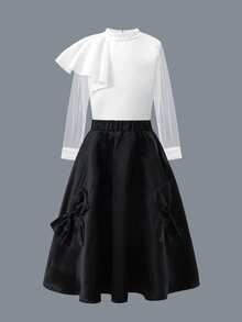 Bộ đồ dự tiệc dạ hội thanh lịch dành cho bé gái tuổi teen, gồm áo dài tay xếp ly cổ công chúa đính hạt và chân váy satin midi thắt nơ 3D. - trắng - Xem 2