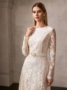 MOTF PREMIUM ELEGANT EMBROIDERED MESH LONG DRESS WITH BELT - Apricot - View 5