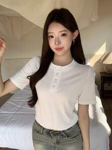 DAZY Solid Color Casual Half-Placket Fitted Short Sleeve Commuter Short Sleeve T-Shirt, Spring/Summer - White - View 9