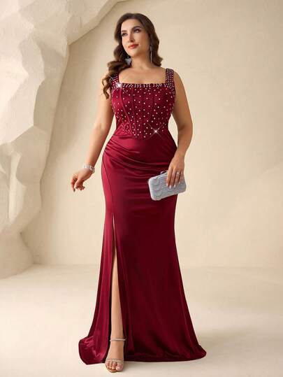 Coutiva Vestido de noche elegante de talla grande para mujer, con cuello cuadrado, decoración de diamante de imitación y abertura alta en el bajo, ajustado y formal