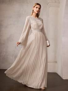 MOTF Soiréza Đầm maxi dự tiệc nữ thanh lịch, ôm sát, cổ tròn, tay dài xòe, chất liệu chiffon xếp ly với họa tiết đính cườm lấp lánh, hoàn hảo cho đám cưới, dạ hội và tiệc tùng mùa xuân hè. - Màu be - Xem 6