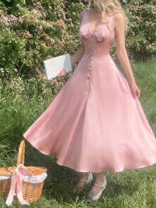 SHEIN MOD 梦幻浪漫粉色缎面修身喇叭连衣裙，前后V领设计，弹力面料，露背蕾丝边饰——适合花园茶会、约会、派对、女士春夏装、春假、度假、野餐、节日、生日等场合。 - 粉色 - 查看 3