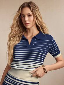 BizChic 新款春夏蓝色不对称渐变条纹Polo领半拉链单排扣装饰设计撞色抗起球轻盈丝滑针织女式毛衣，适合夏季叠穿或单穿 - 藏蓝色 - 查看 8